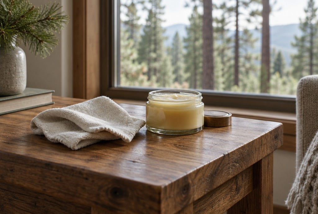 A soft cloth and a jar of furniture wax on a rustic solid wood end table by a window with tall pines outside