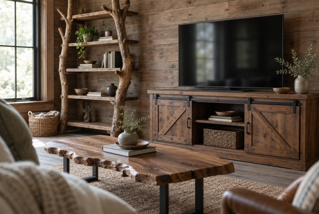 A rustic farmhouse den with a barn-door solid wood TV console, a live-edge coffee table and a tree branch bookshelf against plank walls