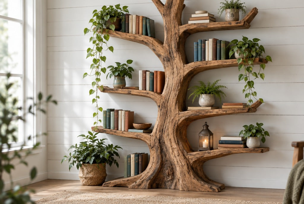 A large rustic tree-shaped solid wood bookshelf filled with books, plants and a lantern against a white plank wall