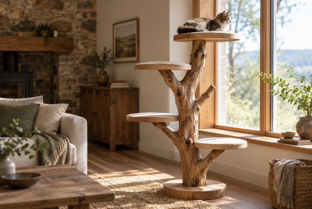 A natural solid wood branch cat tree with round platforms beside a sunny window in a rustic living room