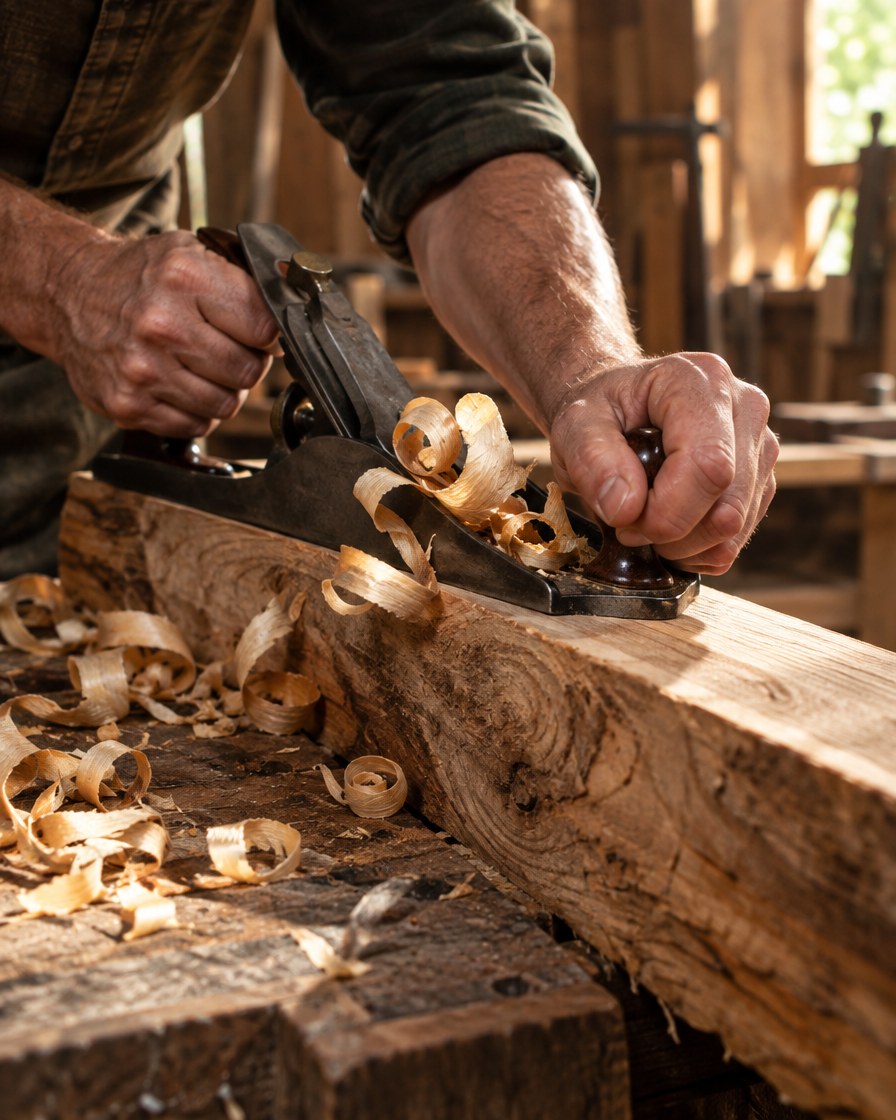 Hands planing a rough solid wood board with a hand plane