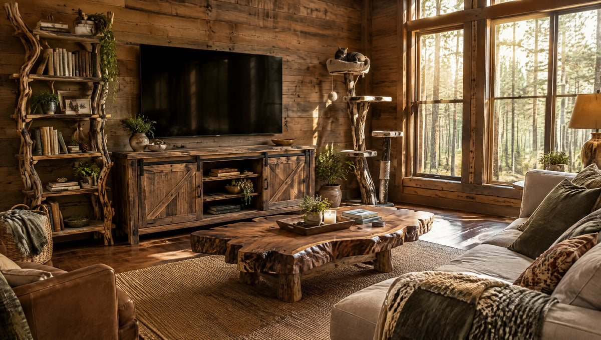 A rustic Southern den with a solid wood TV console, a live-edge coffee table and a tree branch bookshelf