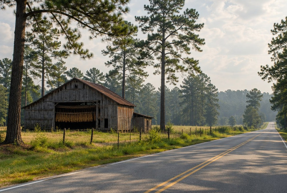A weathered wooden tobacco barn under tall pines in rural eastern North Carolina